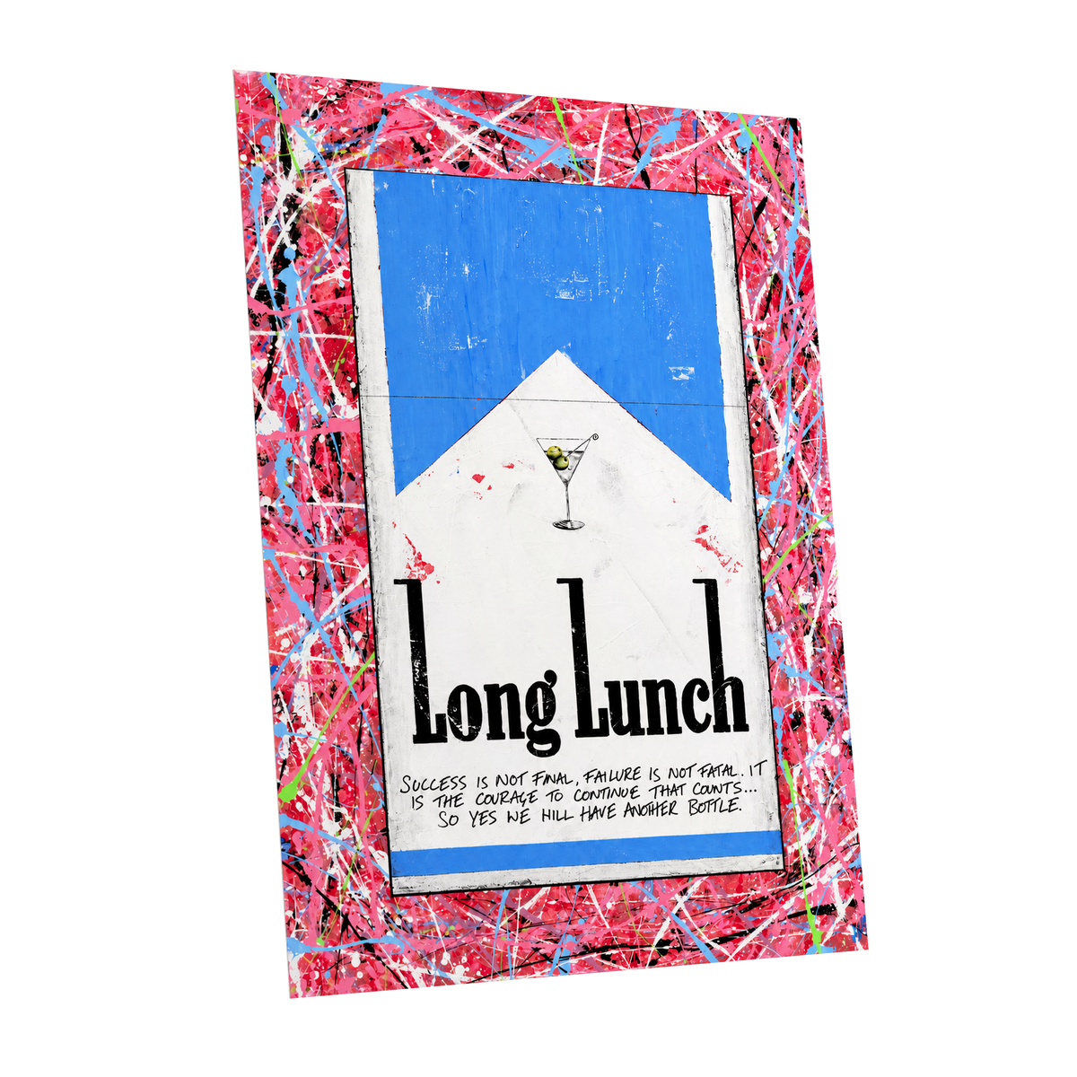 Long Lunch Riot, pink, red, blue abstract wall art shown as a unframed poster wall art print