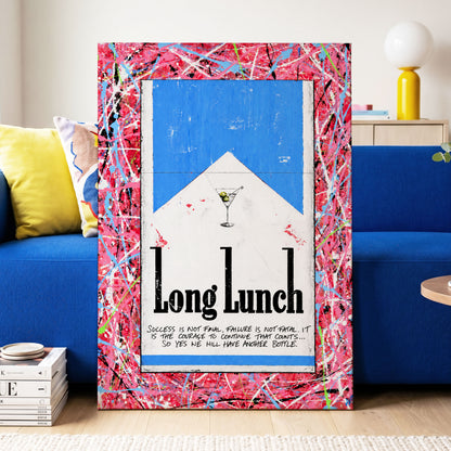 Long Lunch Riot, pink, red, blue abstract wall art displayed in a styled interior, gallery view 3