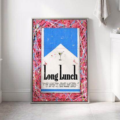 Long Lunch Riot, pink, red, blue abstract wall art displayed in a styled interior, gallery view 4