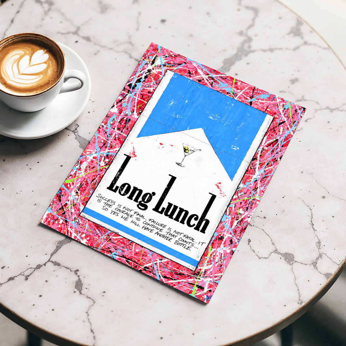 Long Lunch Riot, pink, red, blue abstract wall art displayed in a styled interior, gallery view 5