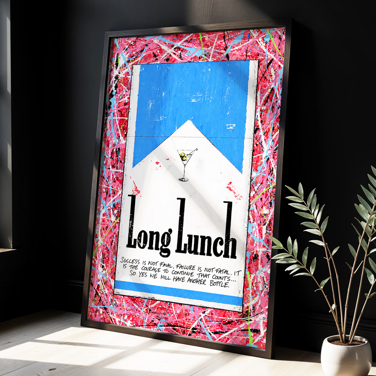 Long Lunch Riot, pink, red, blue abstract wall art displayed in a styled interior, gallery view 6