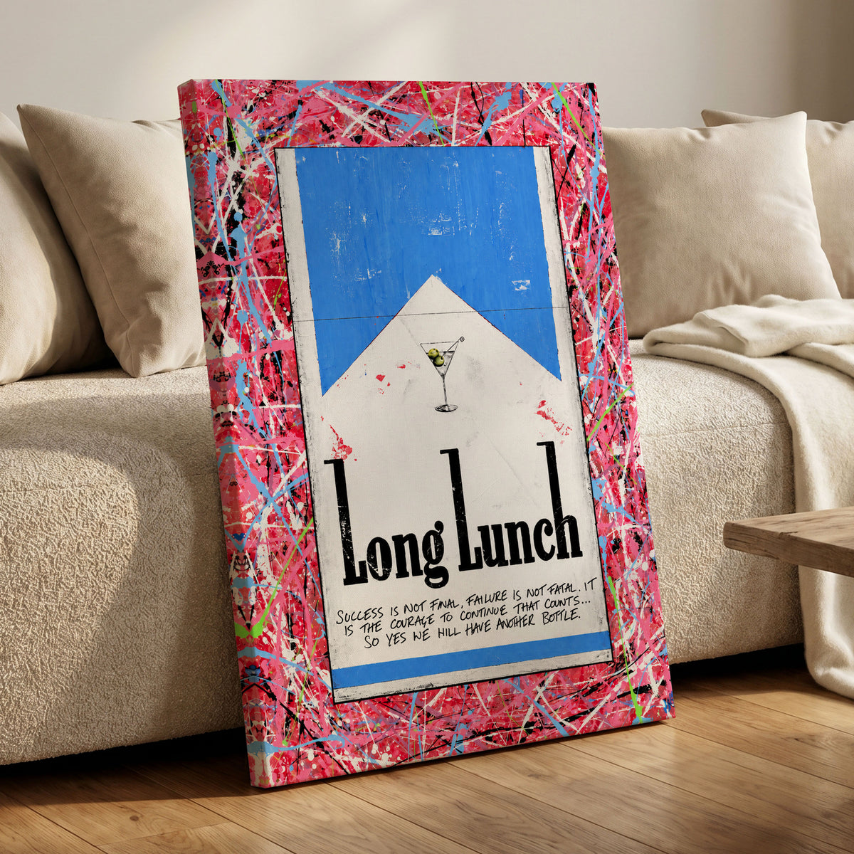 Long Lunch Riot, pink, red, blue abstract wall art displayed in a styled interior, gallery view 7