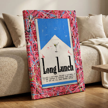 Long Lunch Riot, pink, red, blue abstract wall art displayed in a styled interior, gallery view 7