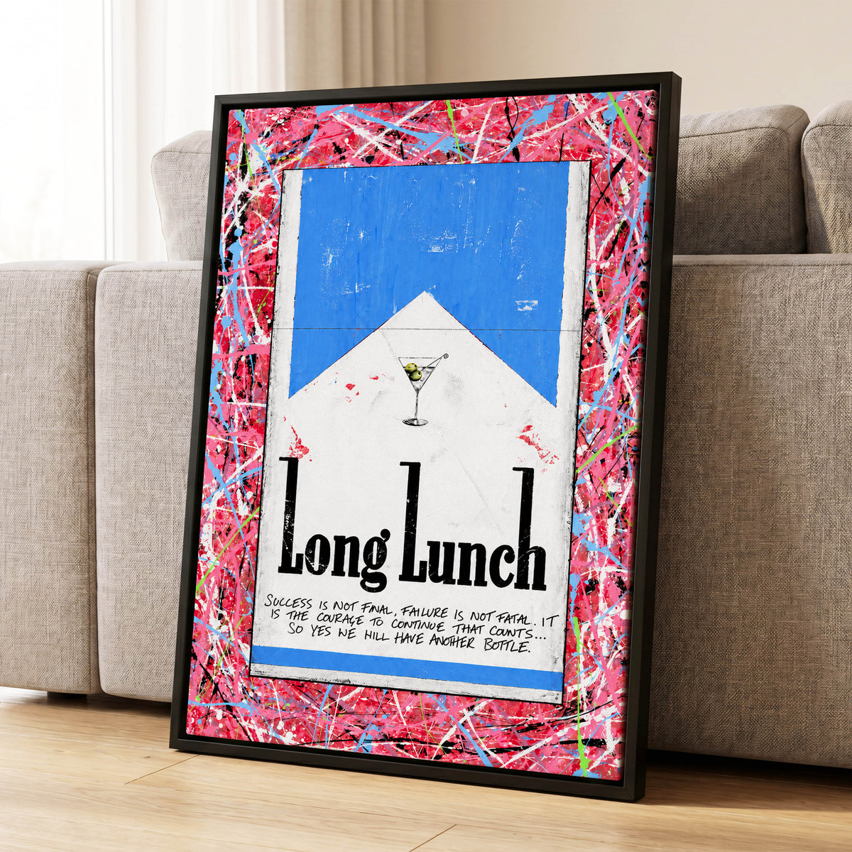 Long Lunch Riot, pink, red, blue abstract wall art displayed in a styled interior, gallery view 8