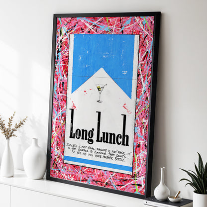 Long Lunch Riot, pink, red, blue abstract wall art displayed in a styled interior, gallery view 9