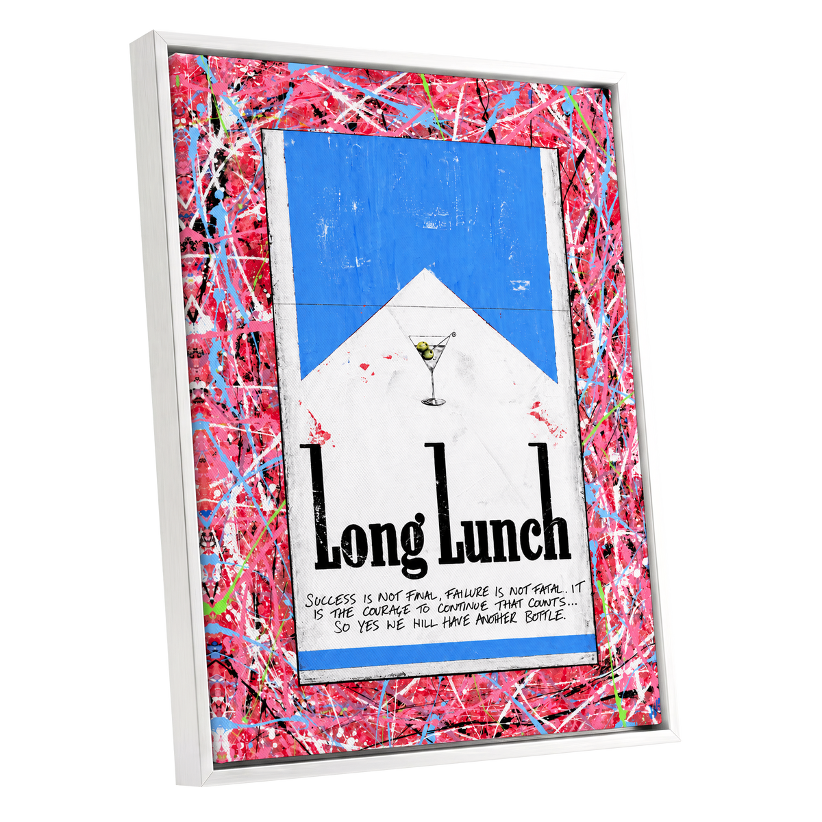 Long Lunch Riot, pink, red, blue abstract wall art shown as a white framed canvas wall art