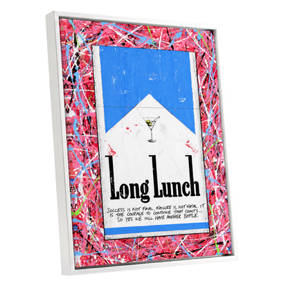 Long Lunch Riot, pink, red, blue abstract wall art shown as a white framed canvas wall art