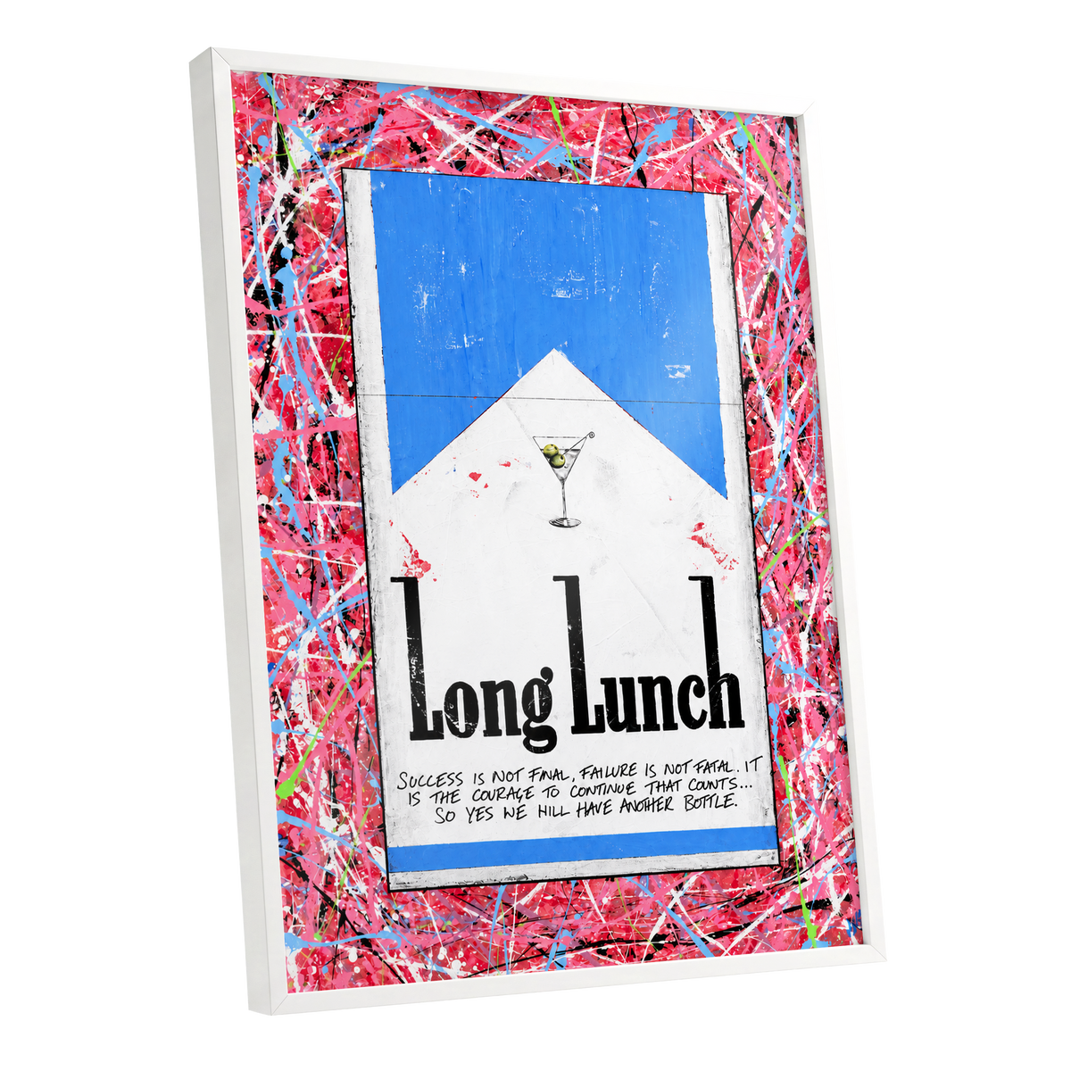 Long Lunch Riot, pink, red, blue abstract wall art shown as a white framed poster wall art print