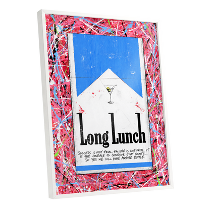 Long Lunch Riot, pink, red, blue abstract wall art shown as a white framed poster wall art print