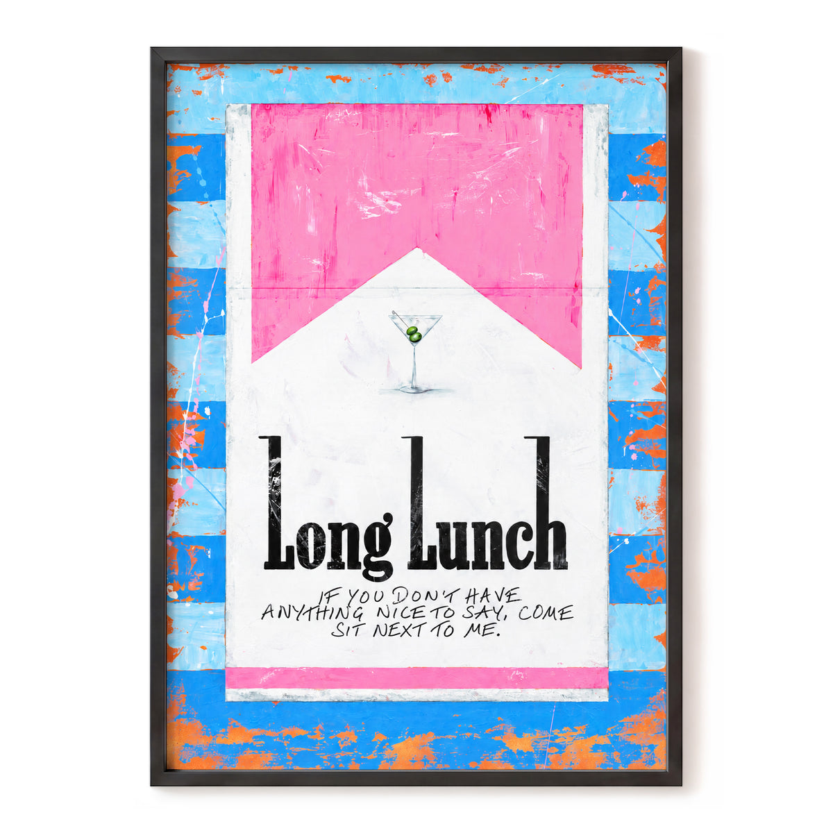 Long Lunch Society, blue, pink, white abstract wall art, front artwork view