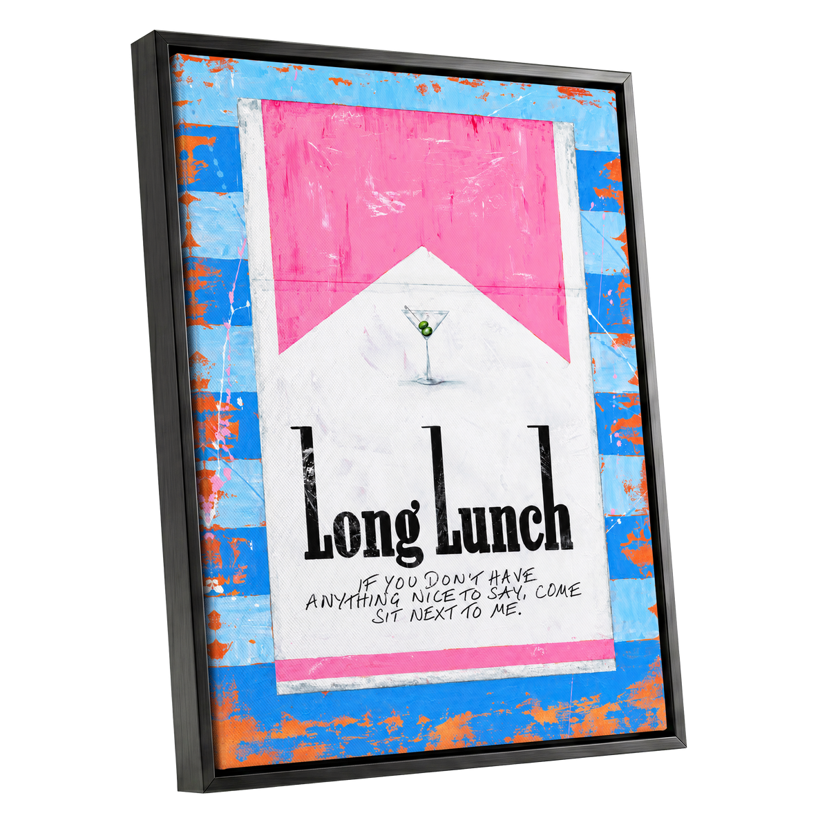 Long Lunch Society, blue, pink, white abstract wall art shown as a black framed canvas wall art