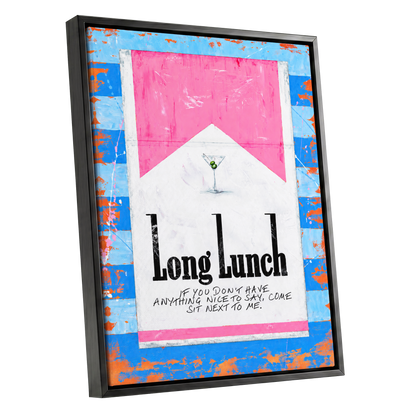 Long Lunch Society, blue, pink, white abstract wall art shown as a black framed canvas wall art