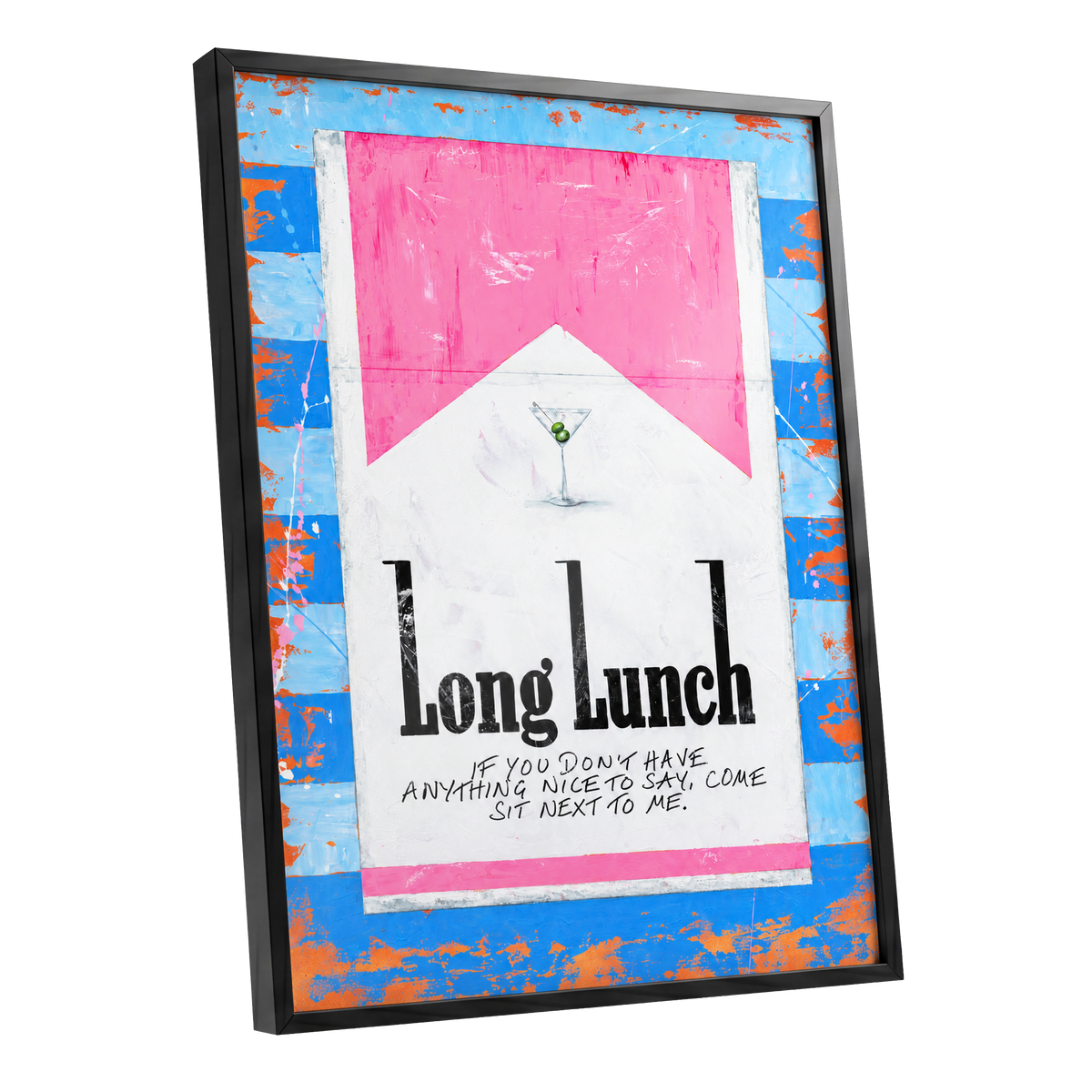 Long Lunch Society, blue, pink, white abstract wall art shown as a black framed poster wall art print