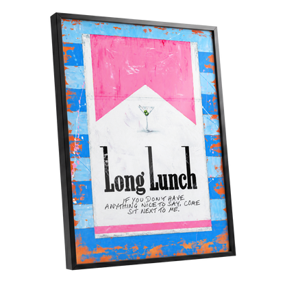 Long Lunch Society, blue, pink, white abstract wall art shown as a black framed poster wall art print