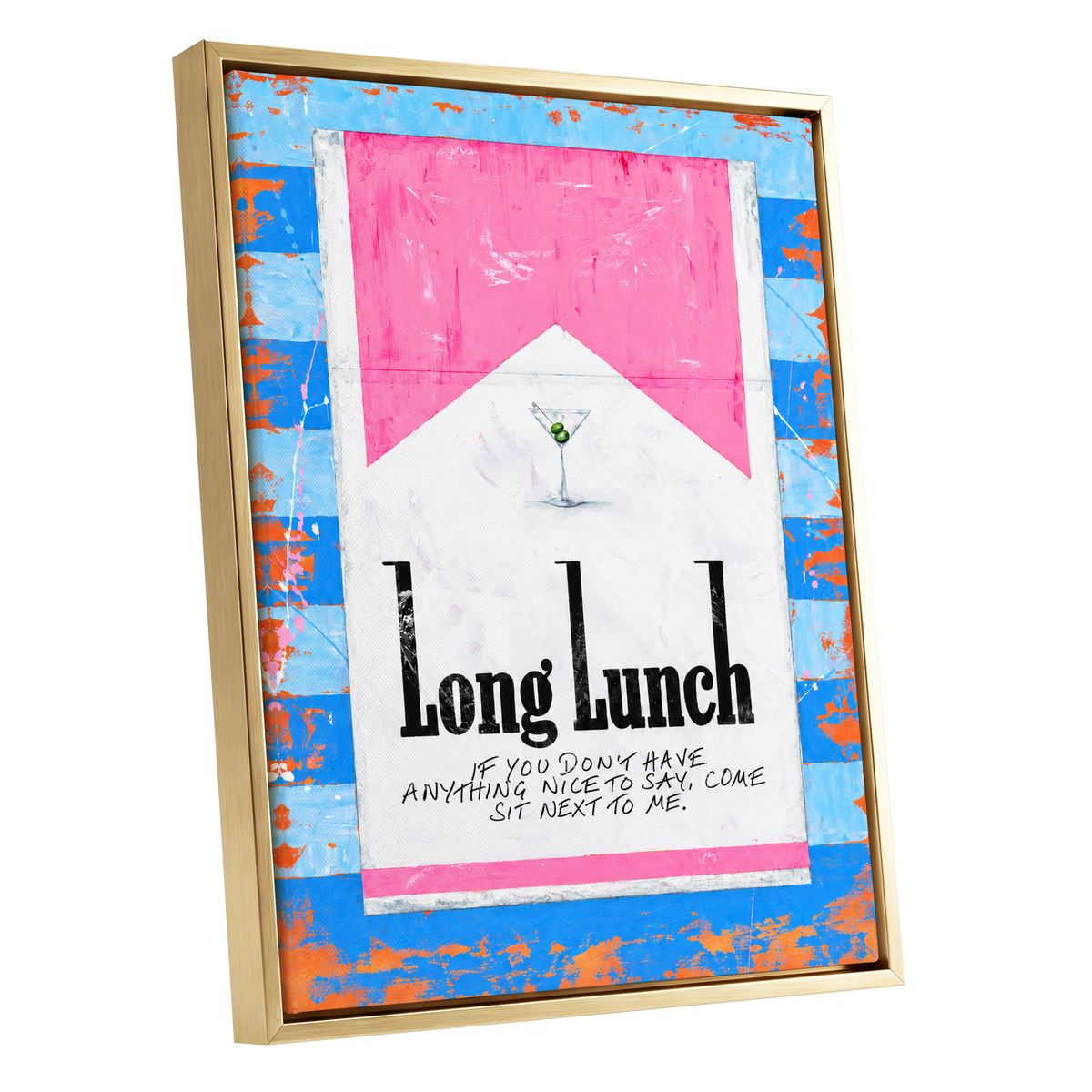 Long Lunch Society, blue, pink, white abstract wall art shown as a gold framed canvas wall art
