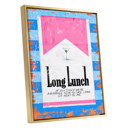 Long Lunch Society, blue, pink, white abstract wall art shown as a gold framed canvas wall art