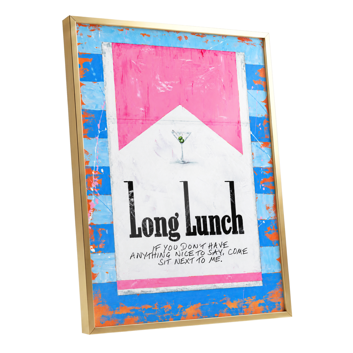 Long Lunch Society, blue, pink, white abstract wall art shown as a gold framed poster wall art print