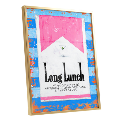 Long Lunch Society, blue, pink, white abstract wall art shown as a gold framed poster wall art print