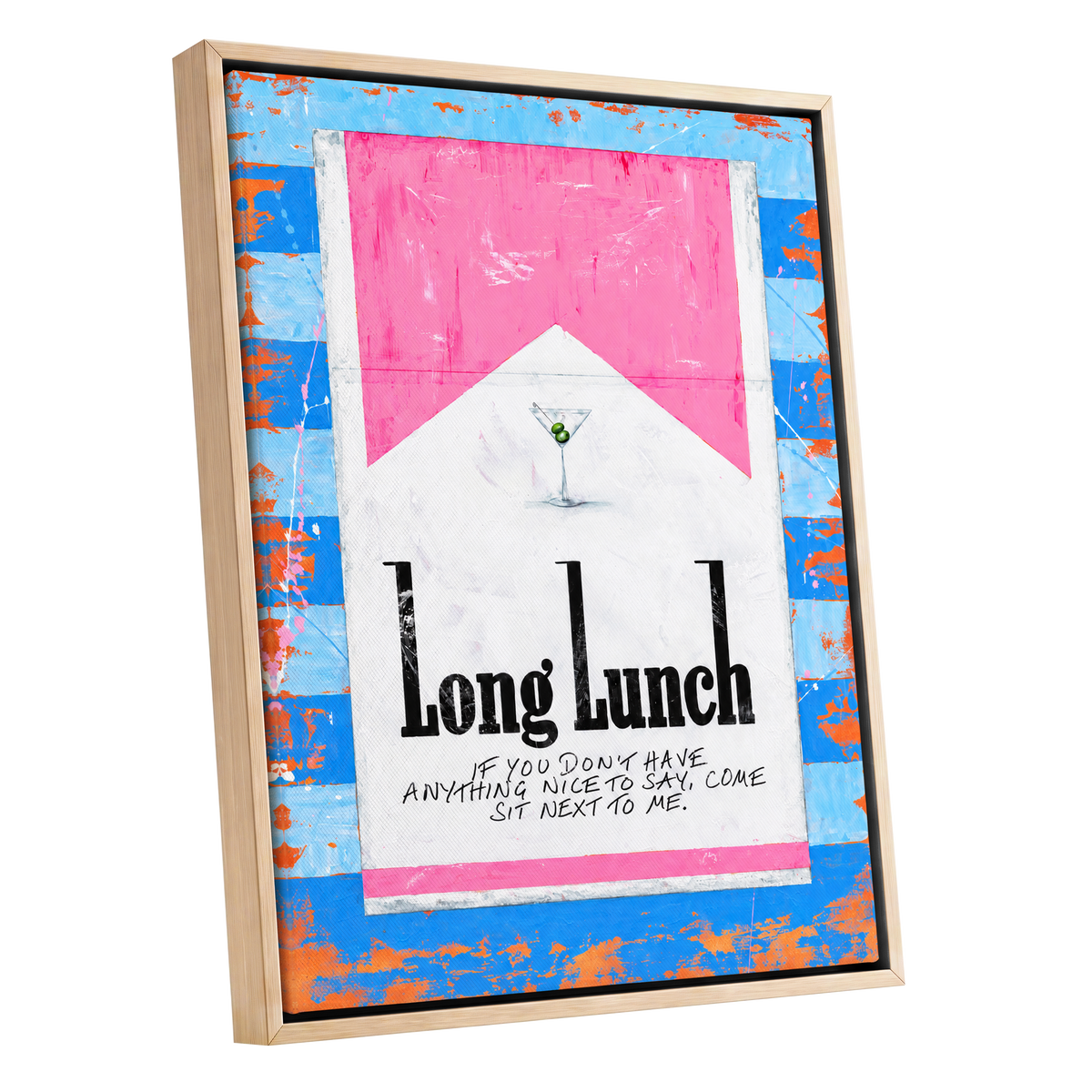 Long Lunch Society, blue, pink, white abstract wall art shown as a oak framed canvas wall art