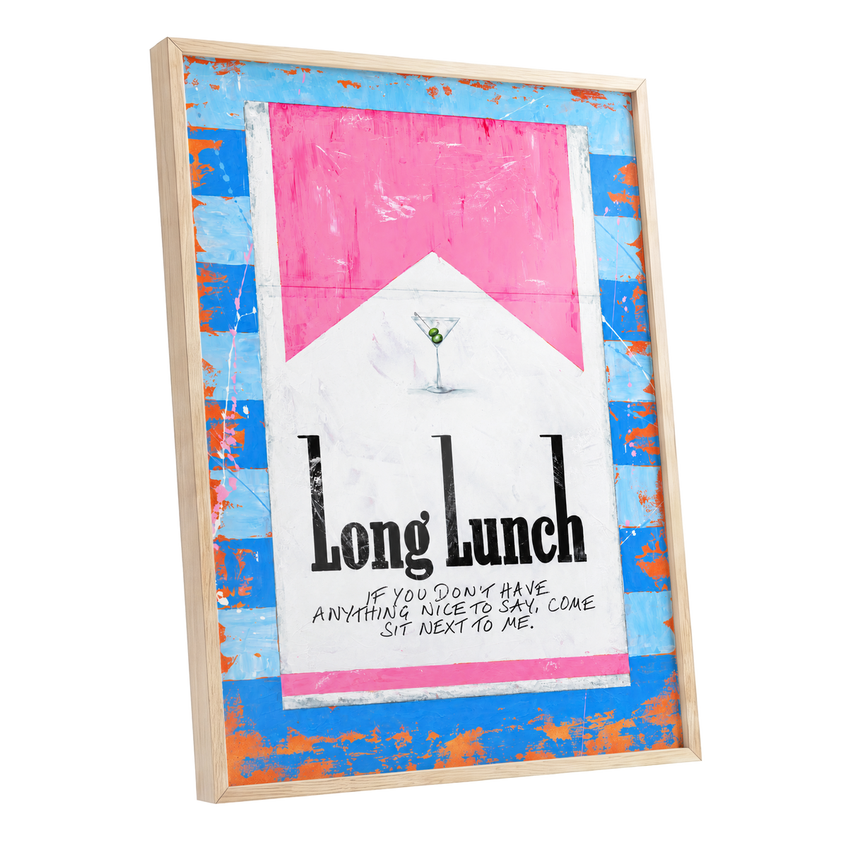 Long Lunch Society, blue, pink, white abstract wall art shown as a oak framed poster wall art print