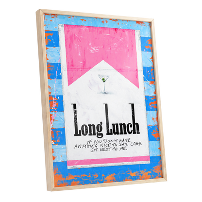 Long Lunch Society, blue, pink, white abstract wall art shown as a oak framed poster wall art print