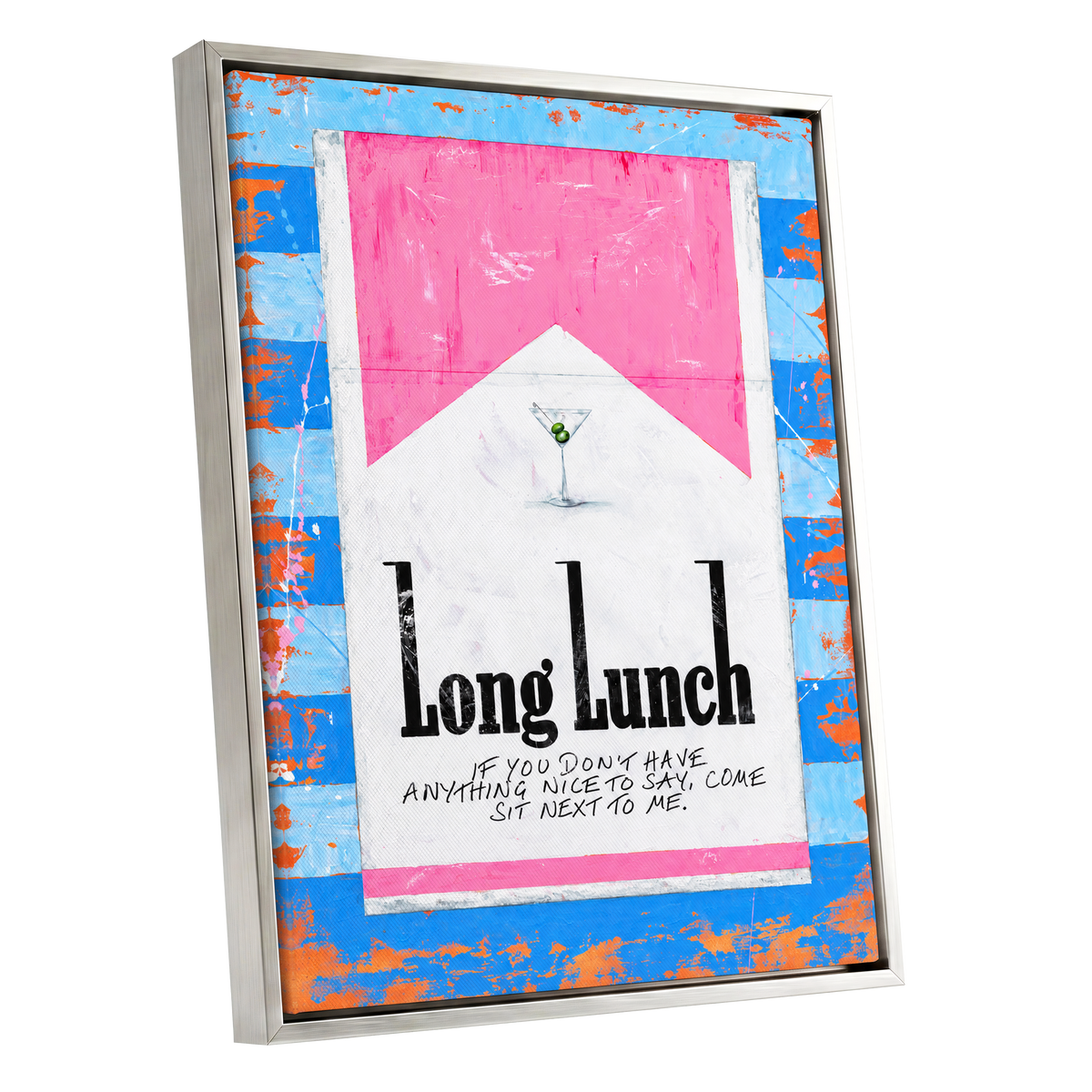 Long Lunch Society, blue, pink, white abstract wall art shown as a silver framed canvas wall art