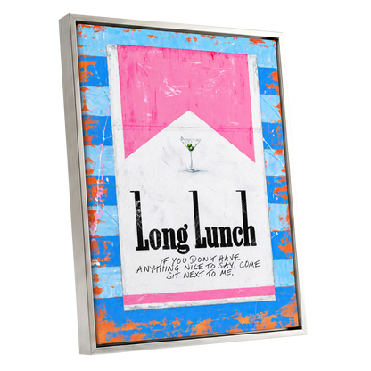 Long Lunch Society, blue, pink, white abstract wall art shown as a silver framed canvas wall art