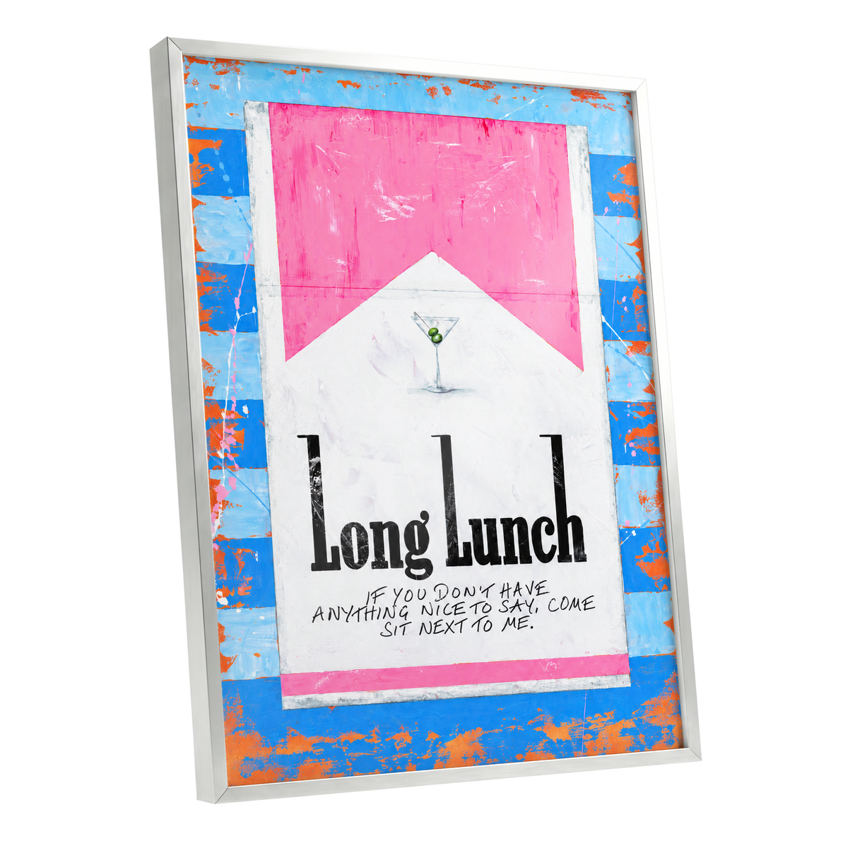 Long Lunch Society, blue, pink, white abstract wall art shown as a silver framed poster wall art print