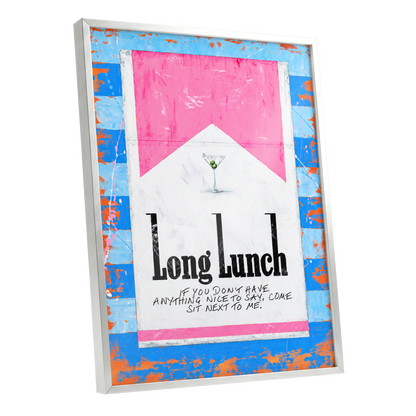 Long Lunch Society, blue, pink, white abstract wall art shown as a silver framed poster wall art print