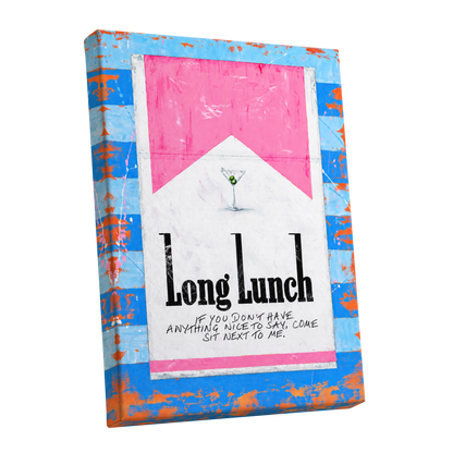Long Lunch Society, blue, pink, white abstract wall art shown as a stretched canvas wall art