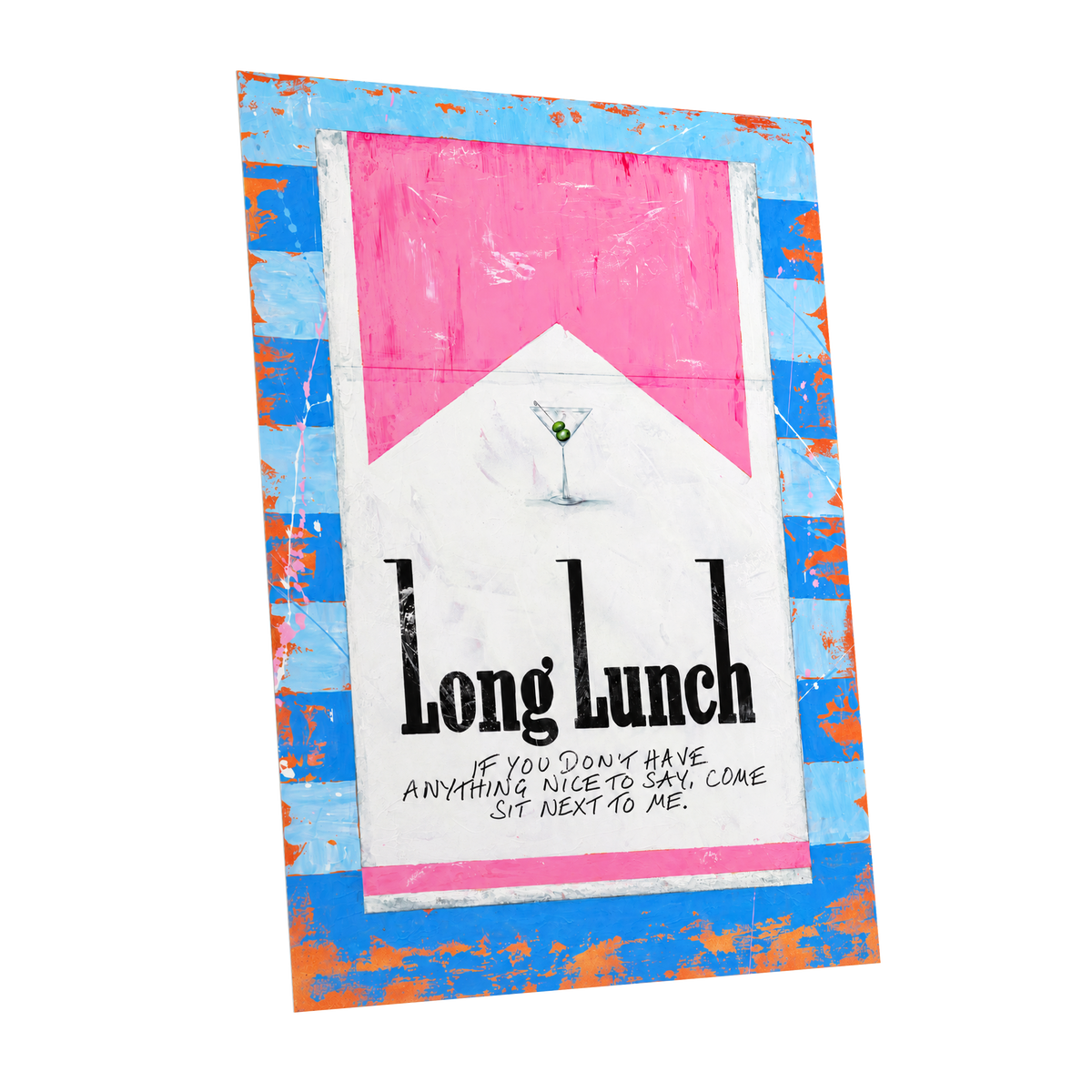 Long Lunch Society, blue, pink, white abstract wall art shown as a unframed poster wall art print
