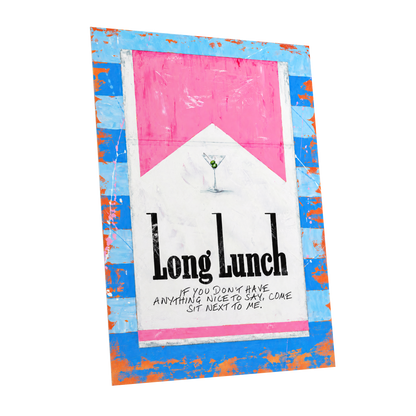 Long Lunch Society, blue, pink, white abstract wall art shown as a unframed poster wall art print