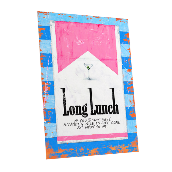 Long Lunch Society, blue, pink, white abstract wall art shown as a unframed poster wall art print