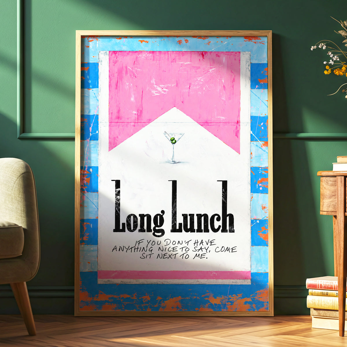 Long Lunch Society, blue, pink, white abstract wall art displayed in a styled interior, gallery view 2