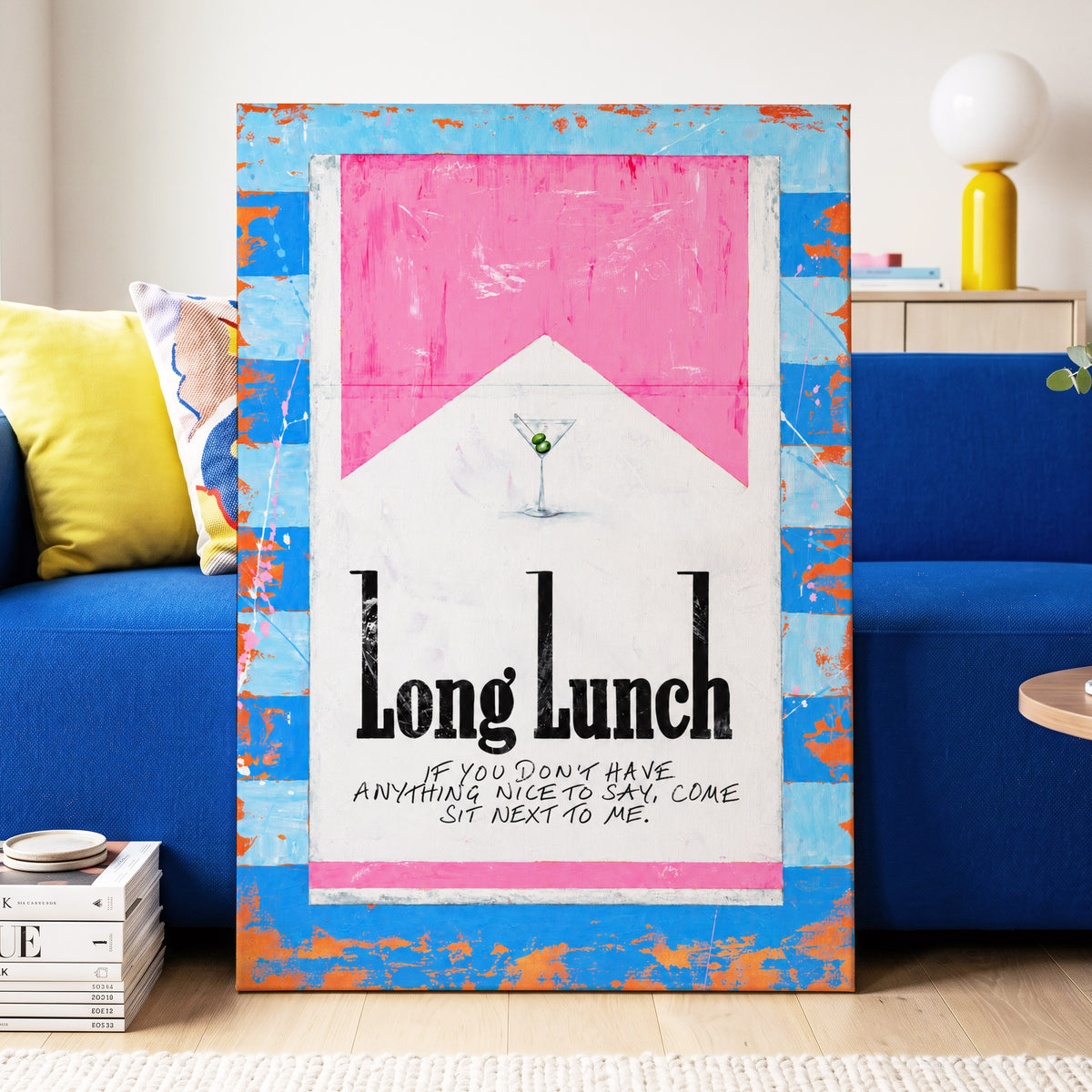 Long Lunch Society, blue, pink, white abstract wall art displayed in a styled interior, gallery view 3