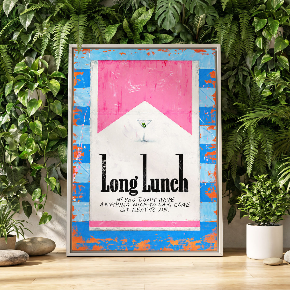 Long Lunch Society, blue, pink, white abstract wall art displayed in a styled interior, gallery view 4