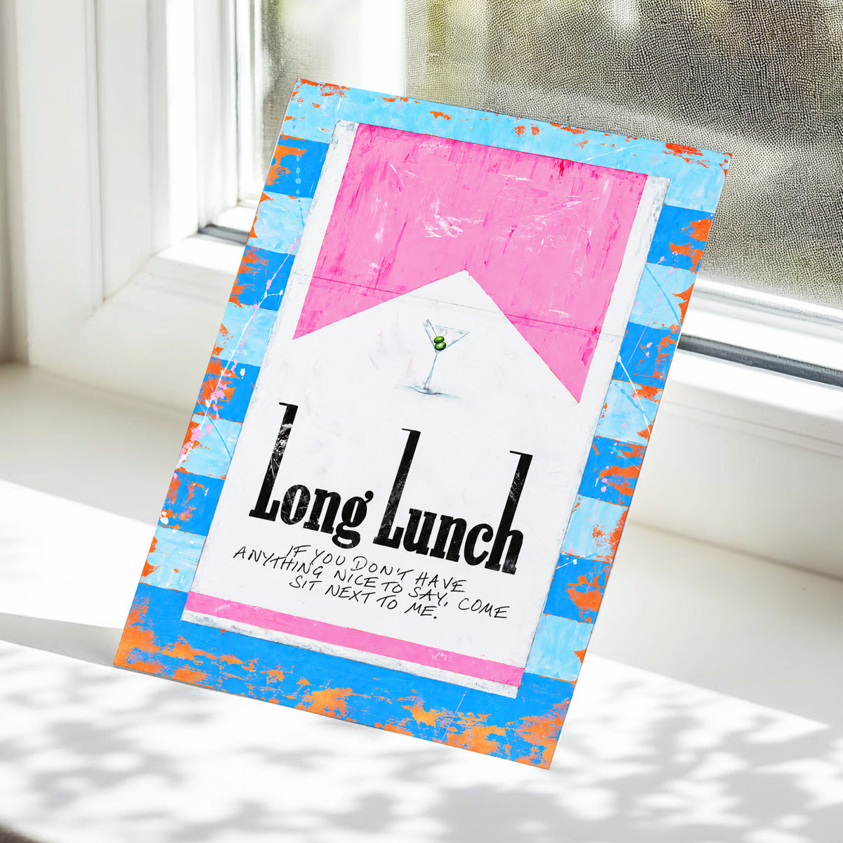 Long Lunch Society, blue, pink, white abstract wall art displayed in a styled interior, gallery view 5