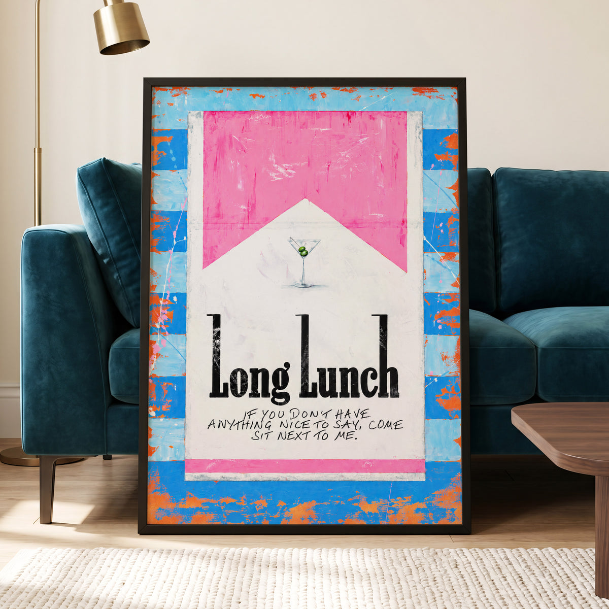 Long Lunch Society, blue, pink, white abstract wall art displayed in a styled interior, gallery view 6