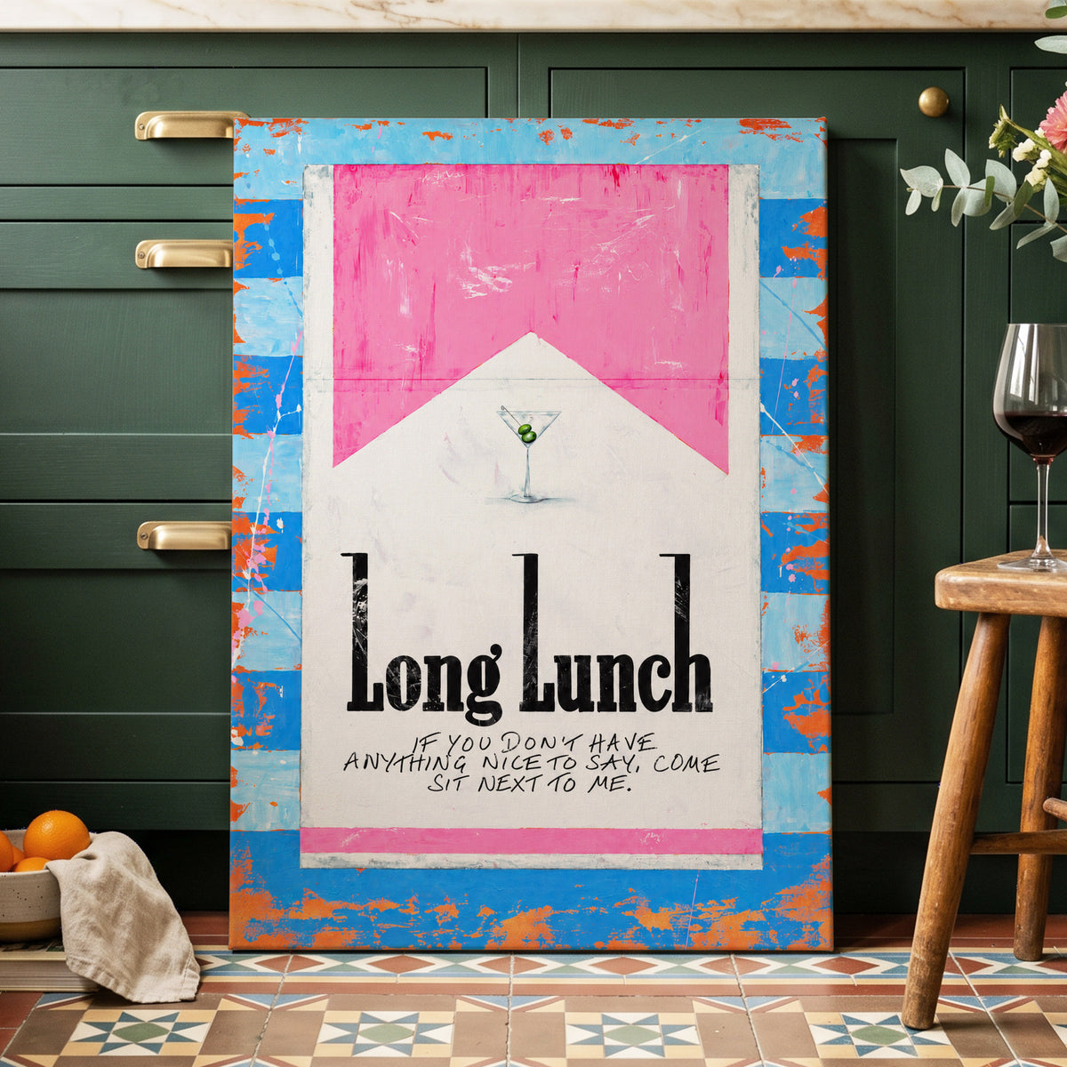 Long Lunch Society, blue, pink, white abstract wall art displayed in a styled interior, gallery view 7