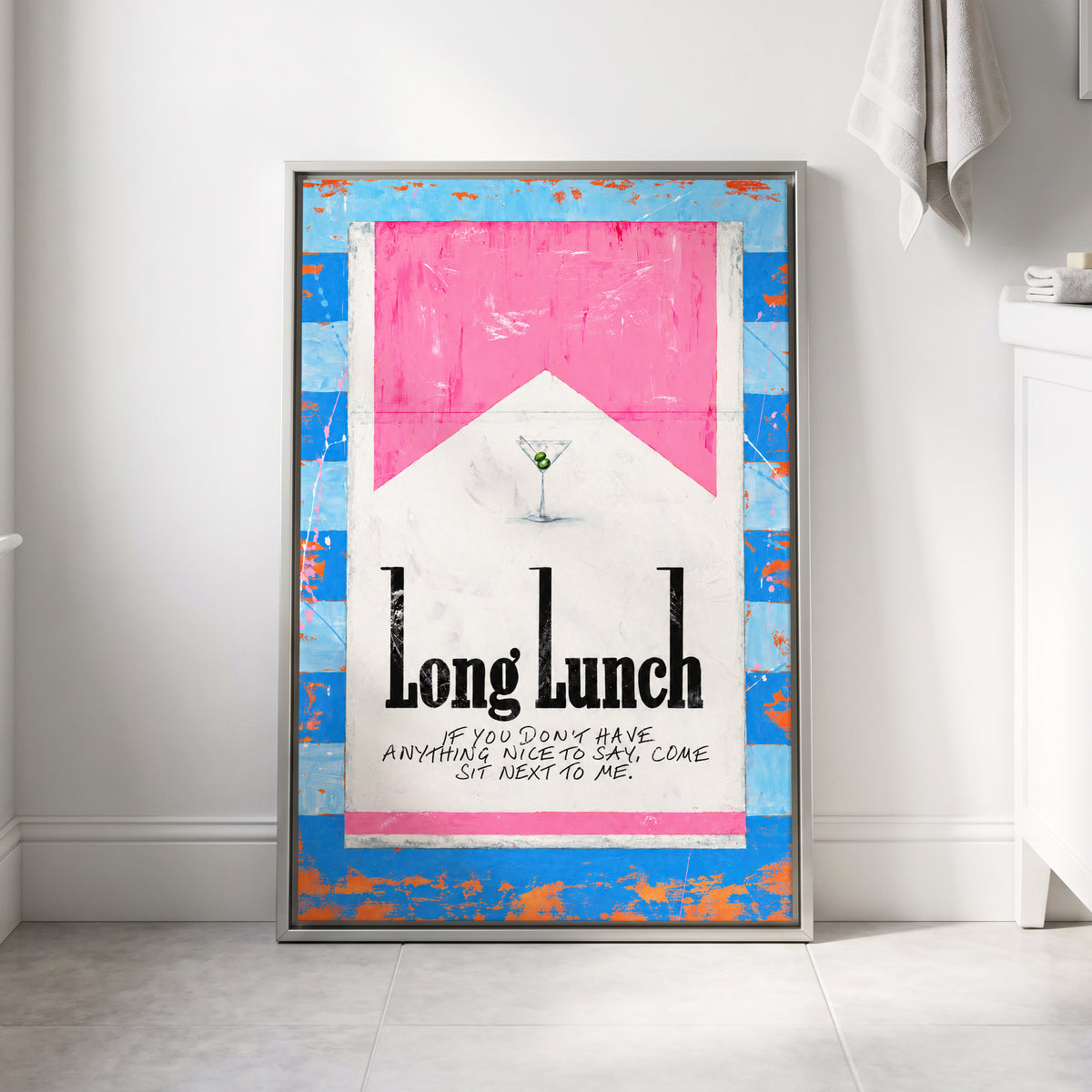 Long Lunch Society, blue, pink, white abstract wall art displayed in a styled interior, gallery view 8