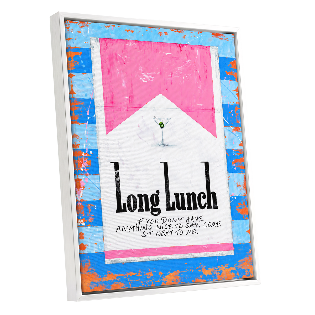 Long Lunch Society, blue, pink, white abstract wall art shown as a white framed canvas wall art