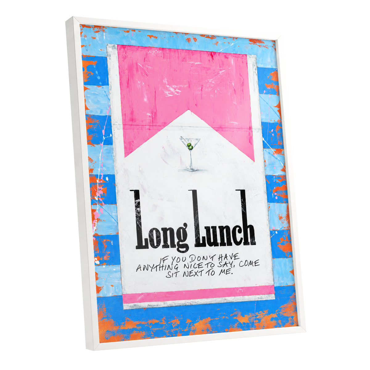 Long Lunch Society, blue, pink, white abstract wall art shown as a white framed poster wall art print