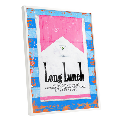 Long Lunch Society, blue, pink, white abstract wall art shown as a white framed poster wall art print