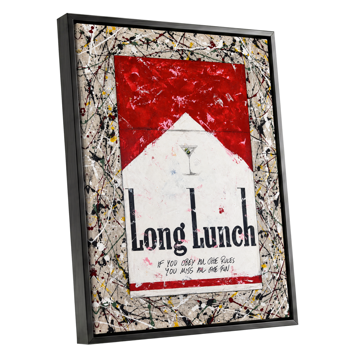 Long Lunch Unscripted, red, white, black abstract wall art shown as a black framed canvas wall art
