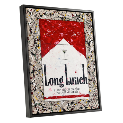 Long Lunch Unscripted, red, white, black abstract wall art shown as a black framed canvas wall art