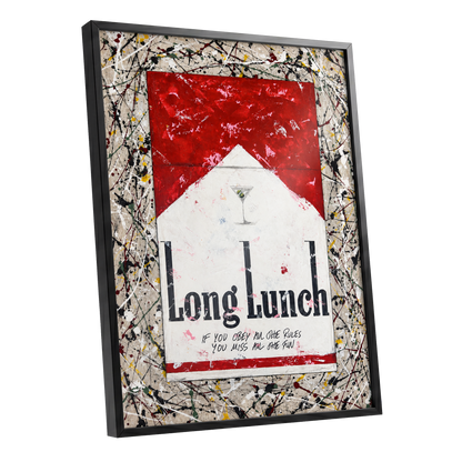 Long Lunch Unscripted, red, white, black abstract wall art shown as a black framed poster wall art print