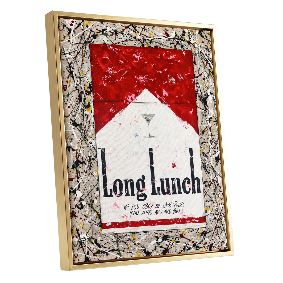 Long Lunch Unscripted, red, white, black abstract wall art shown as a gold framed canvas wall art