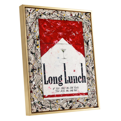 Long Lunch Unscripted, red, white, black abstract wall art shown as a gold framed canvas wall art