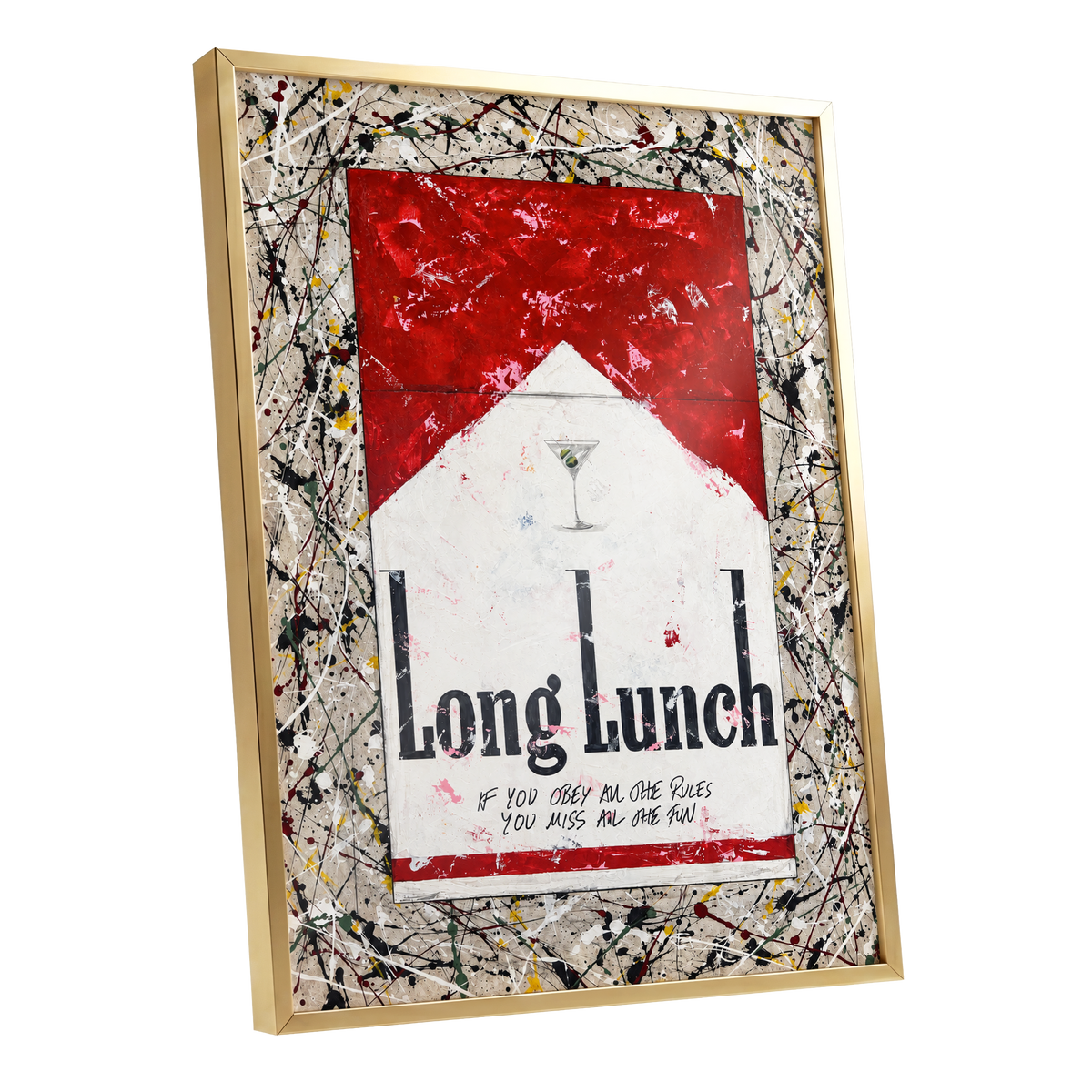Long Lunch Unscripted, red, white, black abstract wall art shown as a gold framed poster wall art print
