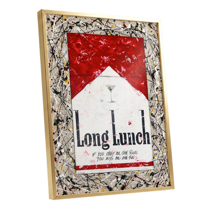 Long Lunch Unscripted, red, white, black abstract wall art shown as a gold framed poster wall art print